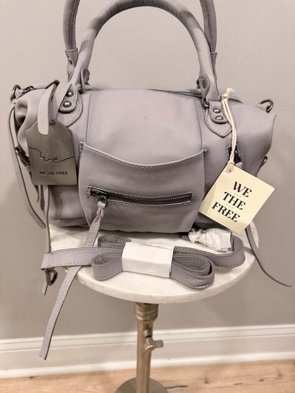 We The Free Free People Leather Moto Satchel Handbag Dove GrAy … SALE !!